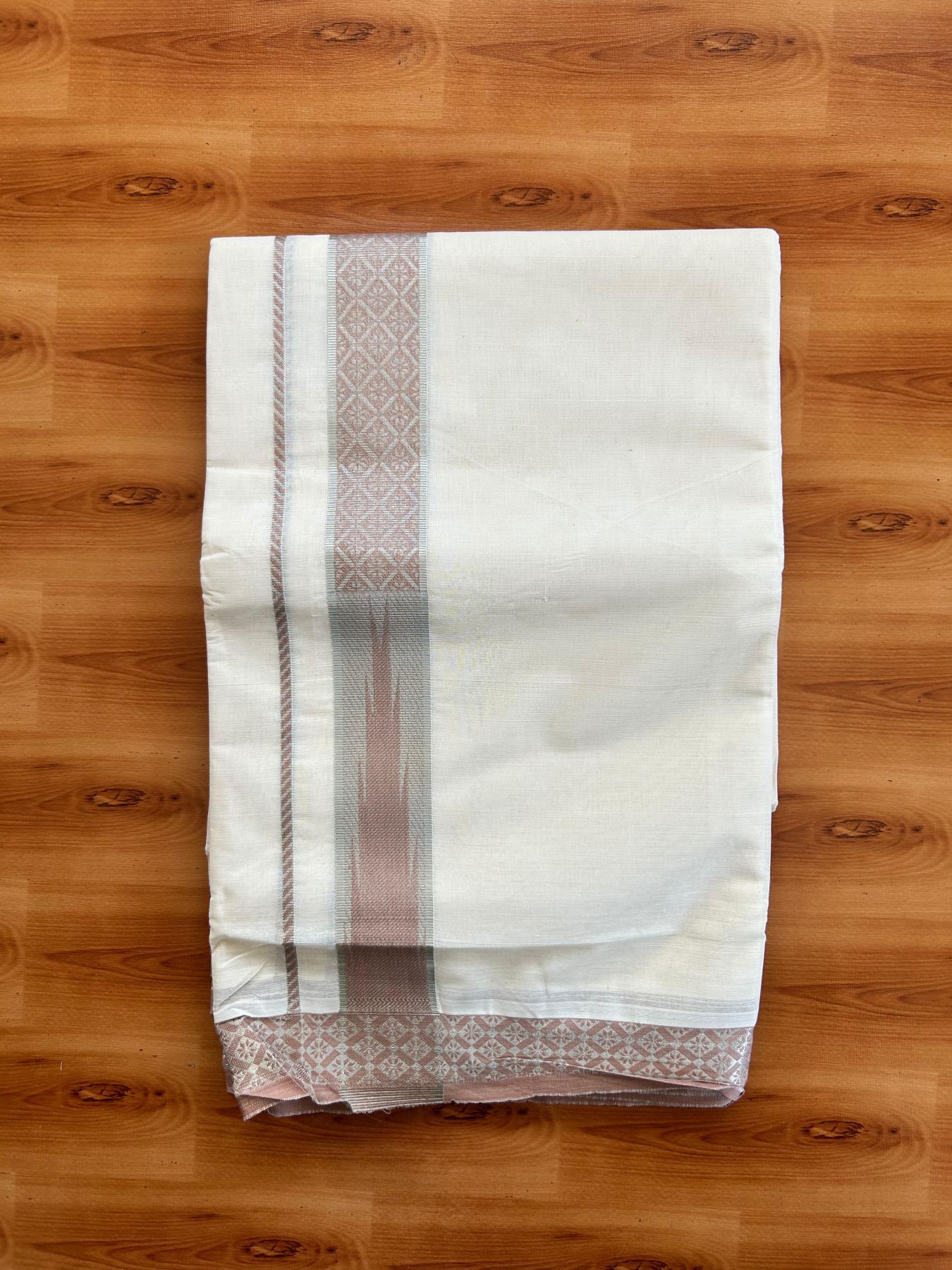 Off White (Unbleached) Double Mundu/Dhoti - 20% Discount ! KaithariKada 100% Pure Cotton - 100x80 - 1.5 inch Silver Kasav & Dusty peach Jacquard Design Chutty kara 4 mtr (8.5 Muzham) - 12 KK5494 PMC