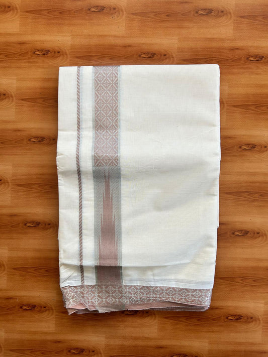 Off White (Unbleached) Double Mundu/Dhoti - 20% Discount ! KaithariKada 100% Pure Cotton - 100x80 - 1.5 inch Silver Kasav & Dusty peach Jacquard Design Chutty kara 4 mtr (8.5 Muzham) - 12 KK5494 PMC