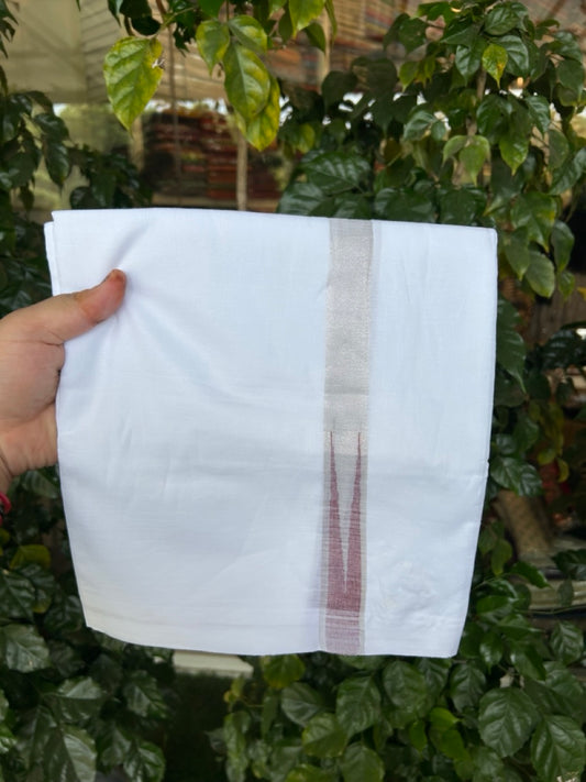 20% Discount ! Kaitharikada Balaramapuram 100% Cotton Pure White Double Mundu/Dothi - 100x80 - 1 inch Puliyilakkara Silver Kasav & Maroon Chutty Kara  3.90 mtr (8 muzham) - 100 KK5285  VAS