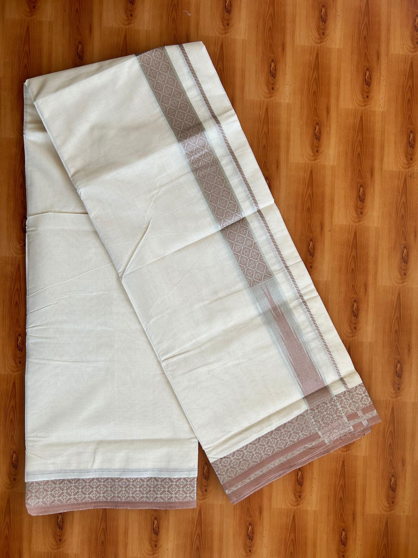 Off White (Unbleached) Double Mundu/Dhoti - 20% Discount ! KaithariKada 100% Pure Cotton - 100x80 - 1.5 inch Silver Kasav & Dusty peach Jacquard Design Chutty kara 4 mtr (8.5 Muzham) - 12 KK5494 PMC