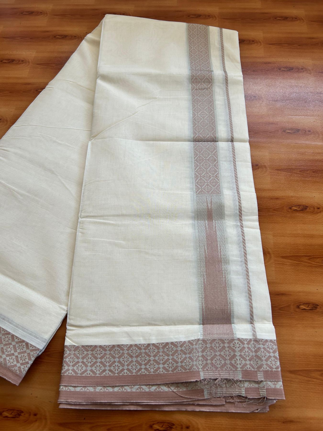 Off White (Unbleached) Double Mundu/Dhoti - 20% Discount ! KaithariKada 100% Pure Cotton - 100x80 - 1.5 inch Silver Kasav & Dusty peach Jacquard Design Chutty kara 4 mtr (8.5 Muzham) - 12 KK5494 PMC
