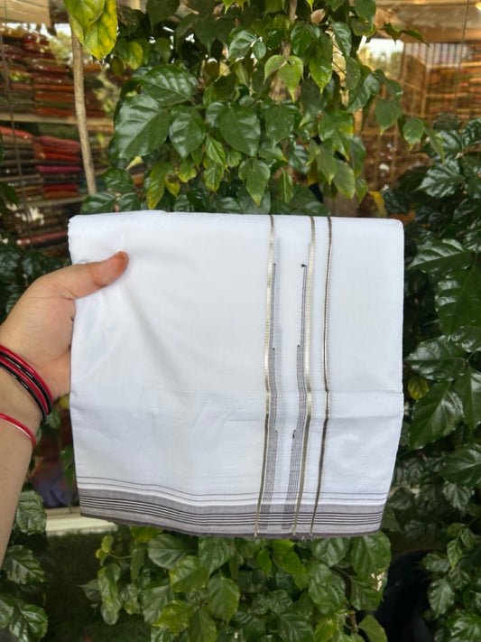 20% Discount ! Kaitharikada Balaramapuram 100% Cotton Pure White Double Mundu/Dothi - 100x80 - 1.25 inch Puliyilakkara Silver Kasav & Brown Striped Chutty Kara  3.90 mtr (8 muzham) - 88 KK5285  VAS