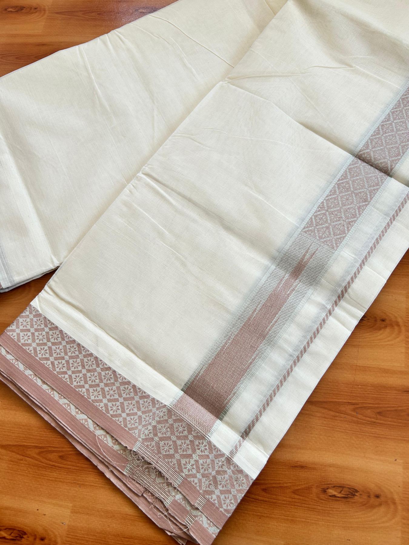 Off White (Unbleached) Double Mundu/Dhoti - 20% Discount ! KaithariKada 100% Pure Cotton - 100x80 - 1.5 inch Silver Kasav & Dusty peach Jacquard Design Chutty kara 4 mtr (8.5 Muzham) - 12 KK5494 PMC