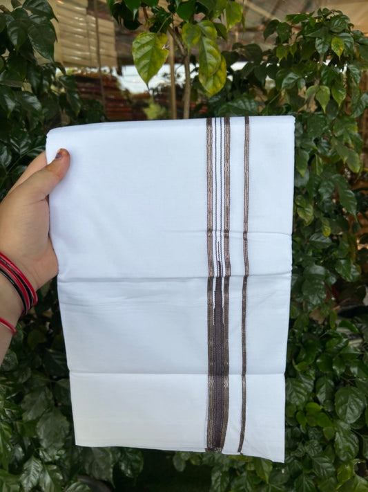 20% Discount ! Kaitharikada Balaramapuram 100% Cotton Pure White Double Mundu/Dothi - 100x80 - 1 inch Puliyilakkara Silver Kasav & Dark Brown One Side Chutty Kara  3.90 mtr (8 muzham) - 84 KK5285 VAS