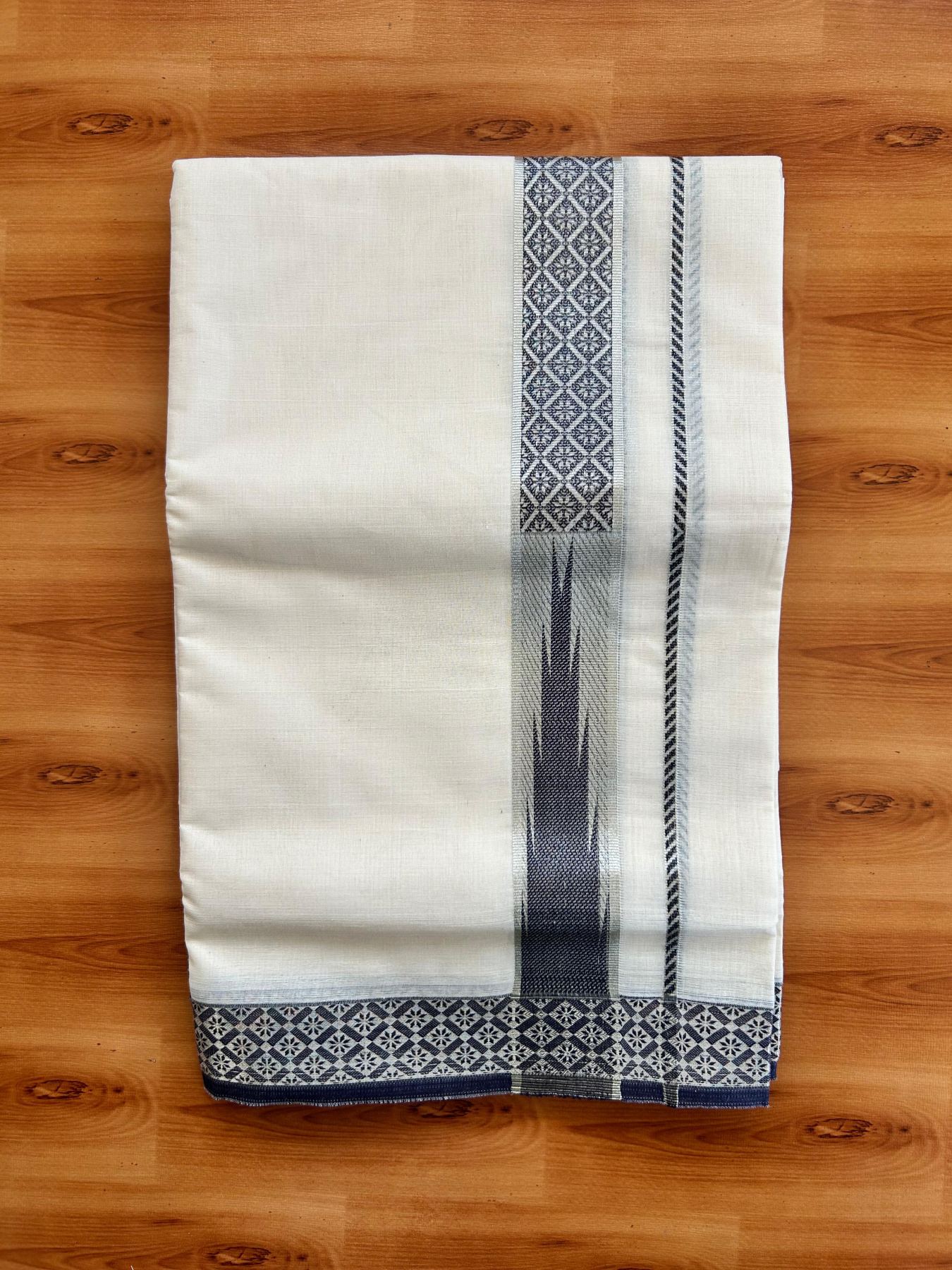 Off White (Unbleached) Double Mundu/Dhoti - 20% Discount ! KaithariKada 100% Pure Cotton - 100x80 - 1.5 inch Silver Kasav & Navy Blue Jacquard Design Chutty kara 4 mtr (8.5 Muzham) - 14 KK5494 PMC