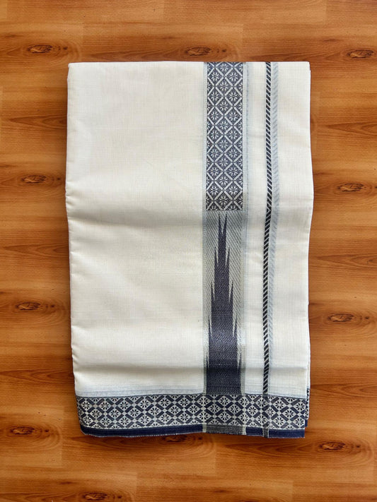 Off White (Unbleached) Double Mundu/Dhoti - 20% Discount ! KaithariKada 100% Pure Cotton - 100x80 - 1.5 inch Silver Kasav & Navy Blue Jacquard Design Chutty kara 4 mtr (8.5 Muzham) - 14 KK5494 PMC