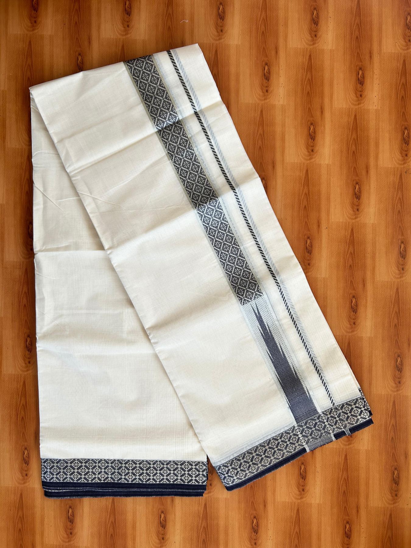 Off White (Unbleached) Double Mundu/Dhoti - 20% Discount ! KaithariKada 100% Pure Cotton - 100x80 - 1.5 inch Silver Kasav & Navy Blue Jacquard Design Chutty kara 4 mtr (8.5 Muzham) - 14 KK5494 PMC