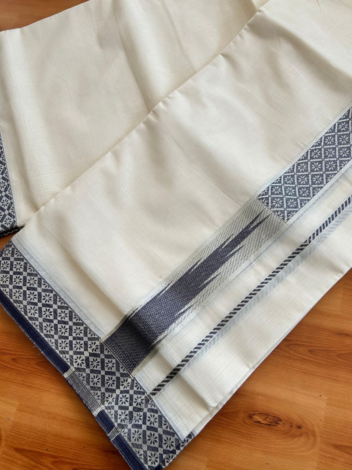 Off White (Unbleached) Double Mundu/Dhoti - 20% Discount ! KaithariKada 100% Pure Cotton - 100x80 - 1.5 inch Silver Kasav & Navy Blue Jacquard Design Chutty kara 4 mtr (8.5 Muzham) - 14 KK5494 PMC