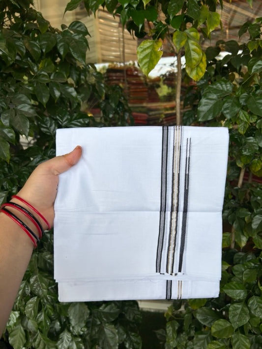 20% Discount ! Kaitharikada Balaramapuram 100% Cotton Pure White Double Mundu/Dothi - 100x80 - 0.25 inch Puliyilakkara Silver Kasav & Black One Side Double Chutty Kara  3.90 mtr (8 muzham) - 77 KK5285 VAS