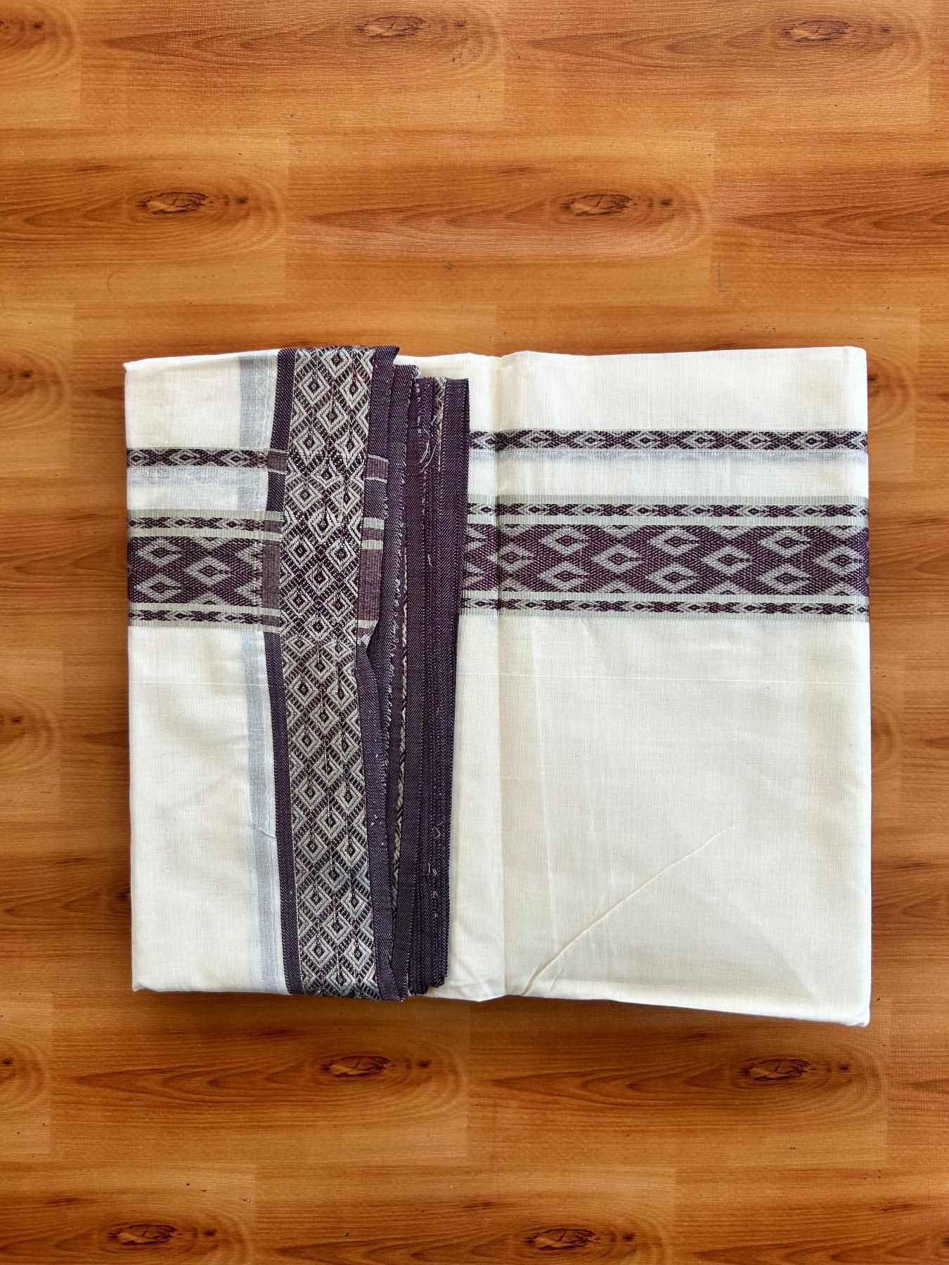 Off White (Unbleached) Double Mundu/Dhoti - 20% Discount ! KaithariKada 100% Pure Cotton - 100x80 - 1.75 inch Silver Kasav & Dark Purple Jacquard Design kara 4 mtr (8.5 Muzham) - 17 KK5494 PMC