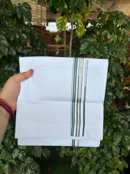 20% Discount ! Kaitharikada Balaramapuram 100% Cotton Pure White Double Mundu/Dothi - 100x80 - 0.25 inch Puliyilakkara Silver Kasav & Green One Side Double Chutty Kara  3.90 mtr (8 muzham) - 78 KK5285 VAS