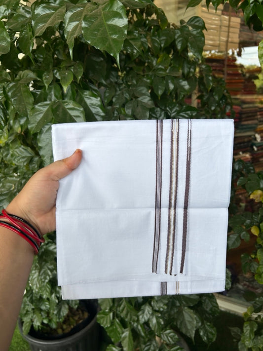 20% Discount ! Kaitharikada Balaramapuram 100% Cotton Pure White Double Mundu/Dothi - 100x80 - 0.25 inch Puliyilakkara Silver Kasav & Brown One Side Double Chutty Kara  3.90 mtr (8 muzham) - 76 KK5285 VAS