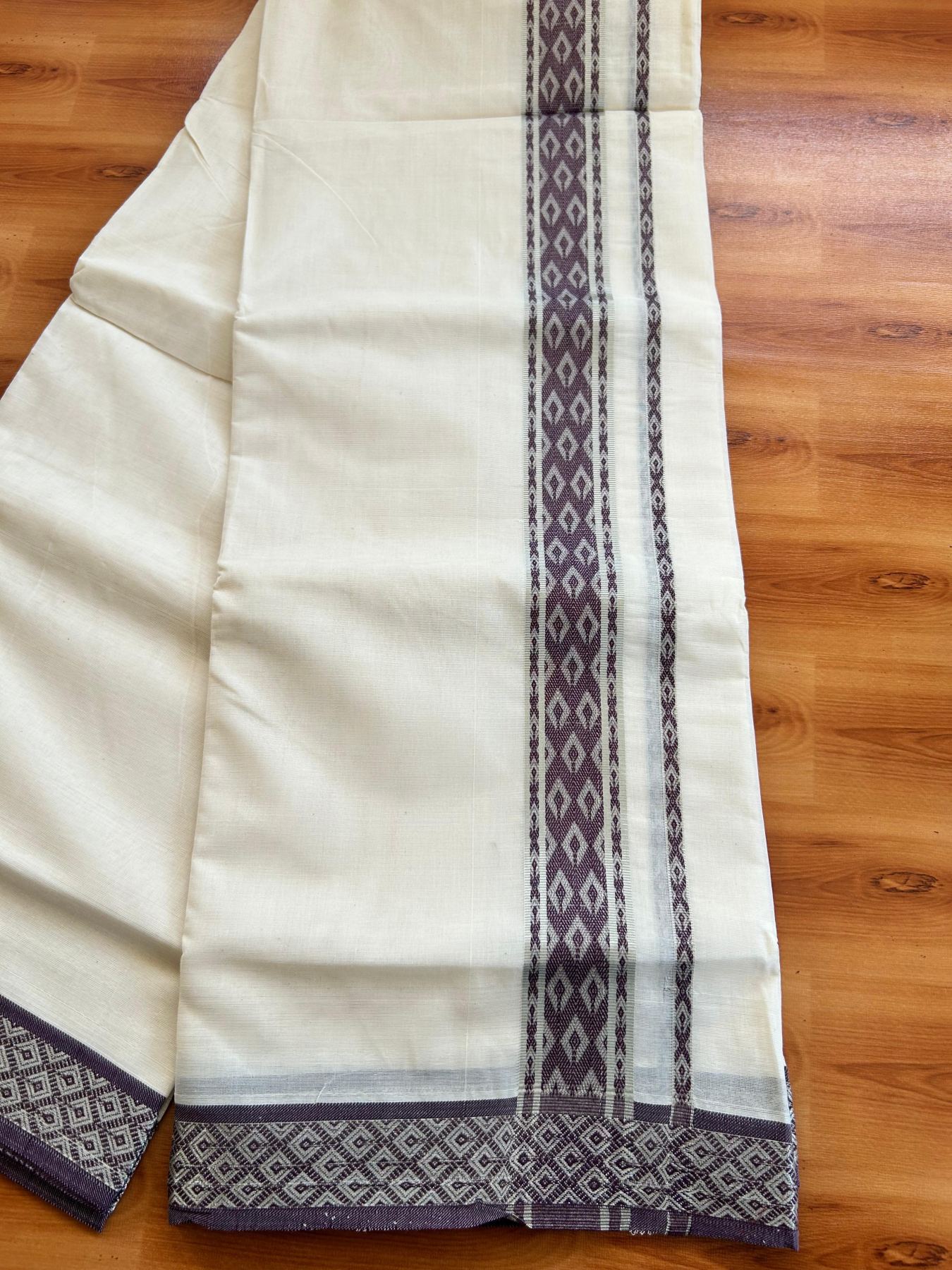 Off White (Unbleached) Double Mundu/Dhoti - 20% Discount ! KaithariKada 100% Pure Cotton - 100x80 - 1.75 inch Silver Kasav & Dark Purple Jacquard Design kara 4 mtr (8.5 Muzham) - 17 KK5494 PMC