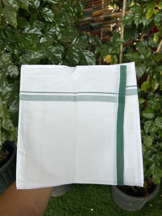 20% Discount ! Kaitharikada Balaramapuram 100% Cotton Pure White Double Mundu/Dothi - 100x80 - 0.5 inch Green Striped Kara 3.90 mtr (8 muzham) - 71 KK5285 VAS