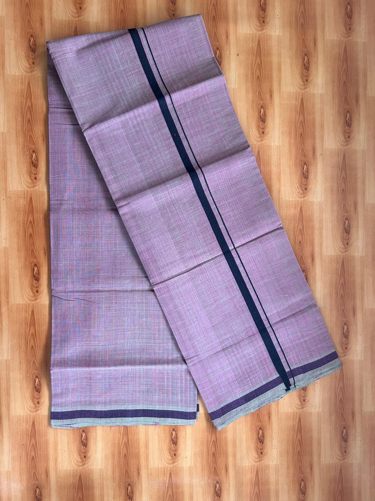 Kerala Handloom Single Kaily/Lungi - KaithariKada 100% Pure Cotton - 40s - 0.5 cm Black Kara With Pink & Olive Green Shaded colour Body - (2 meter / 4 muzham) - 6 KK5539 ELA