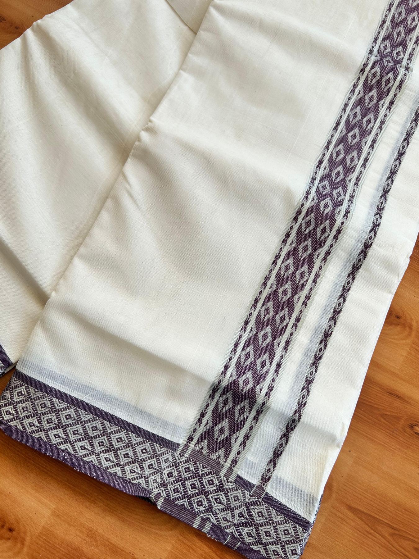 Off White (Unbleached) Double Mundu/Dhoti - 20% Discount ! KaithariKada 100% Pure Cotton - 100x80 - 1.75 inch Silver Kasav & Dark Purple Jacquard Design kara 4 mtr (8.5 Muzham) - 17 KK5494 PMC