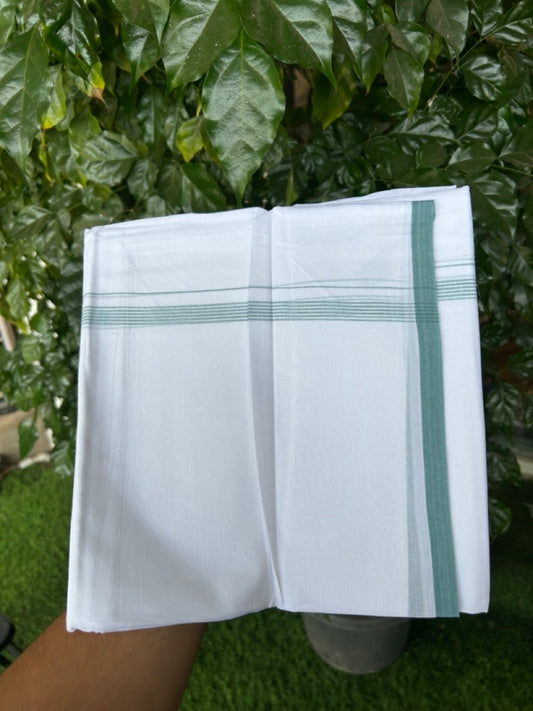 20% Discount ! Kaitharikada Balaramapuram 100% Cotton Pure White Double Mundu/Dothi - 100x80 - 0.5 inch Blue Green Striped Kara 3.90 mtr (8 muzham) - 70 KK5285 VAS