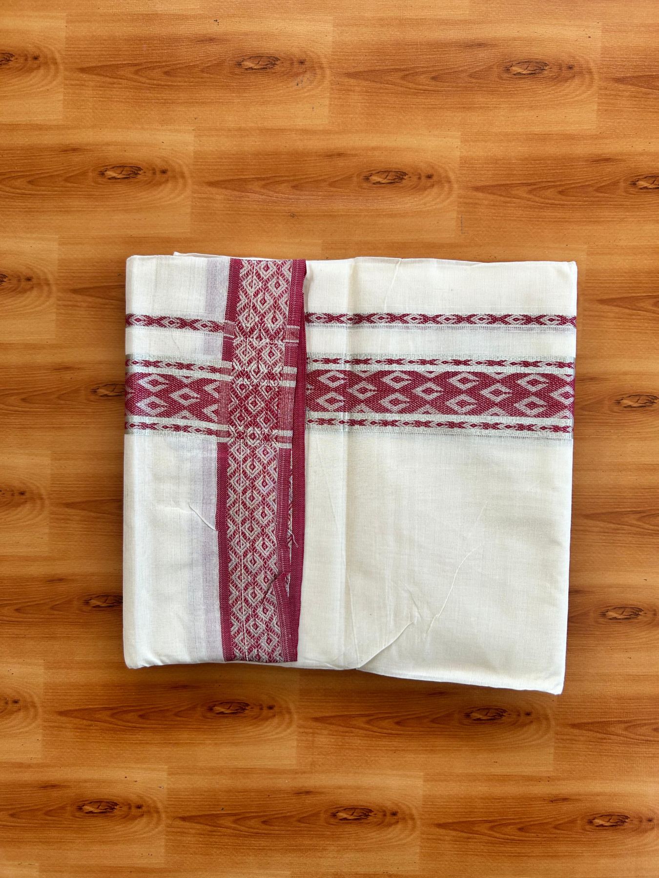 Off White (Unbleached) Double Mundu/Dhoti - 20% Discount ! KaithariKada 100% Pure Cotton - 100x80 - 1.75 inch Silver Kasav & Red Jacquard Design kara 4 mtr (8.5 Muzham) - 16 KK5494 PMC