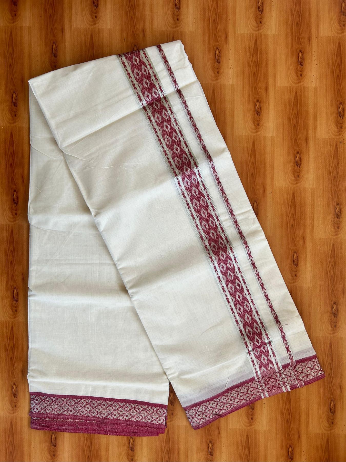 Off White (Unbleached) Double Mundu/Dhoti - 20% Discount ! KaithariKada 100% Pure Cotton - 100x80 - 1.75 inch Silver Kasav & Red Jacquard Design kara 4 mtr (8.5 Muzham) - 16 KK5494 PMC
