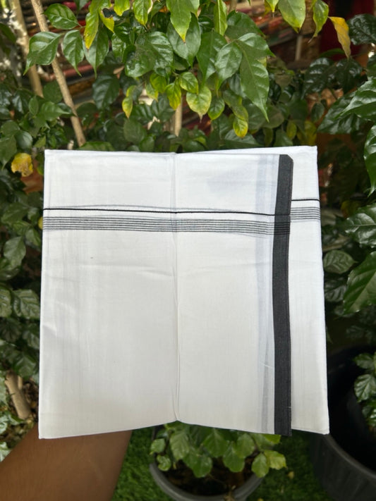 20% Discount ! Kaitharikada Balaramapuram 100% Cotton Pure White Double Mundu/Dothi - 100x80 - 0.5 inch Black Striped Kara 3.90 mtr (8 muzham) - 64 KK5285 VAS
