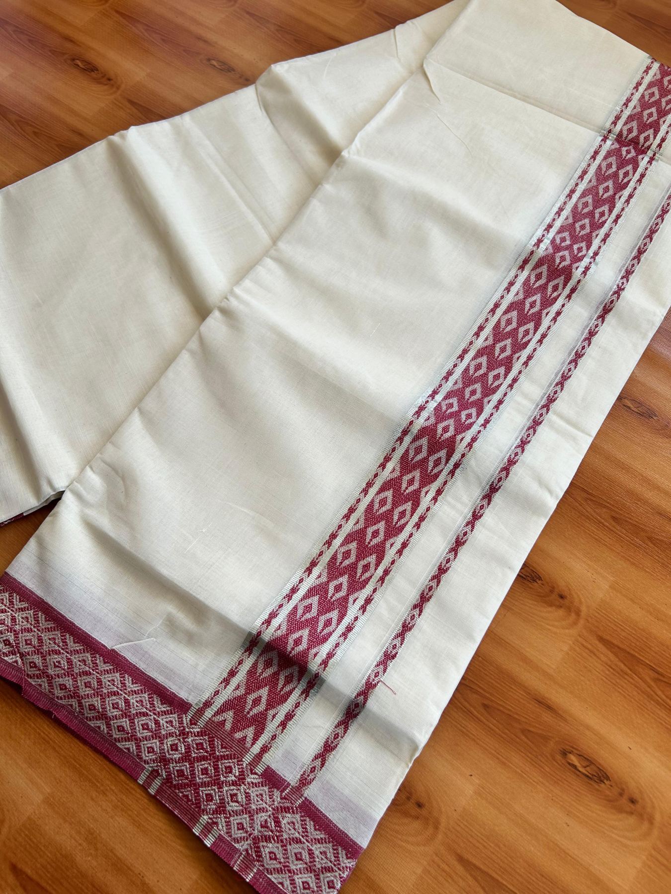 Off White (Unbleached) Double Mundu/Dhoti - 20% Discount ! KaithariKada 100% Pure Cotton - 100x80 - 1.75 inch Silver Kasav & Red Jacquard Design kara 4 mtr (8.5 Muzham) - 16 KK5494 PMC