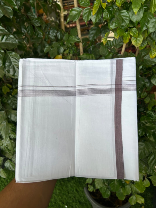 20% Discount ! Kaitharikada Balaramapuram 100% Cotton Pure White Double Mundu/Dothi - 100x80 - 0.5 inch Light Plum Striped Kara 3.90 mtr (8 muzham) - 63 KK5285 VAS