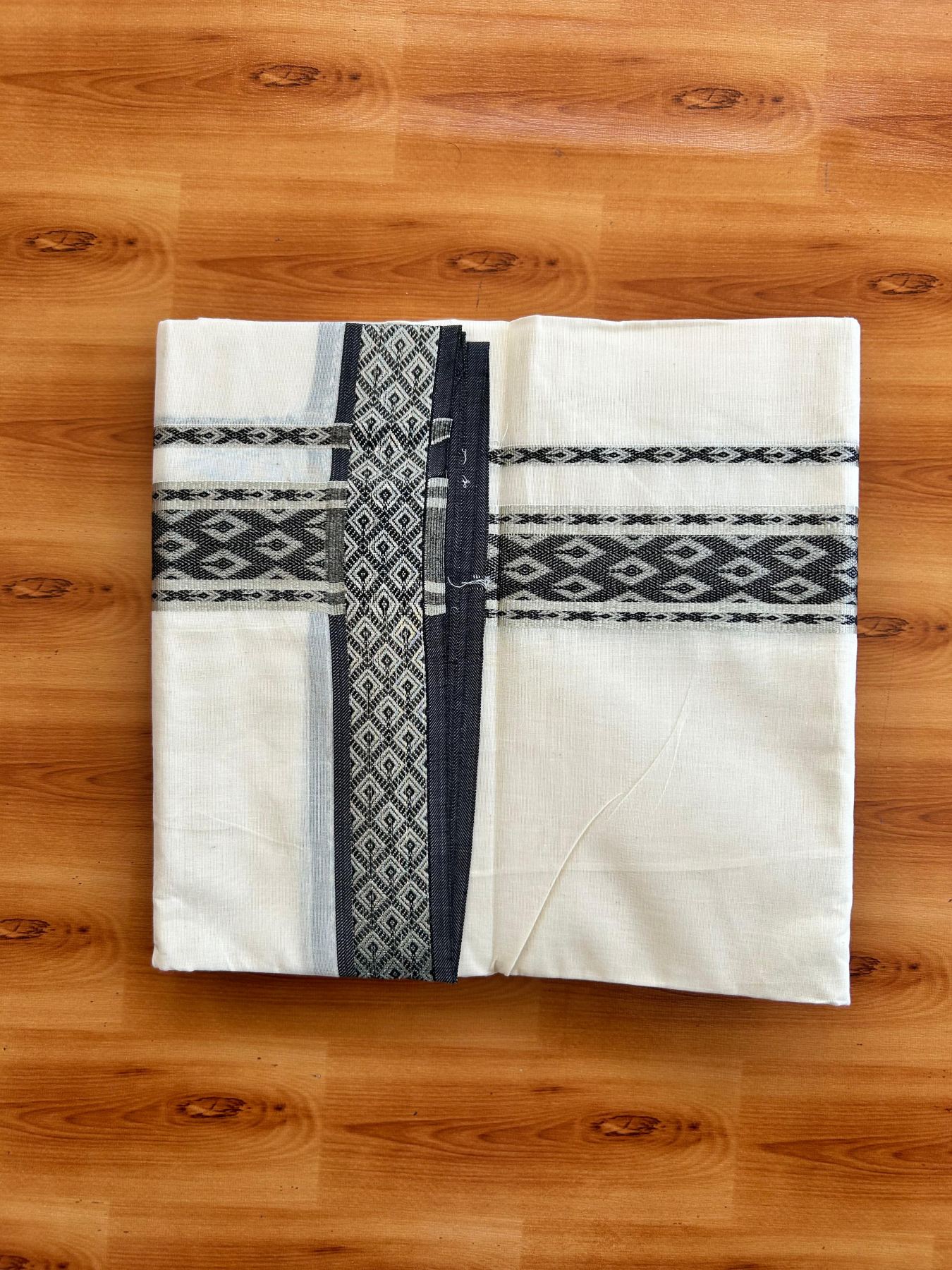Off White (Unbleached) Double Mundu/Dhoti - 20% Discount ! KaithariKada 100% Pure Cotton - 100x80 - 1.75 inch Silver Kasav & Black Jacquard Design kara 4 mtr (8.5 Muzham) - 15 KK5494 PMC