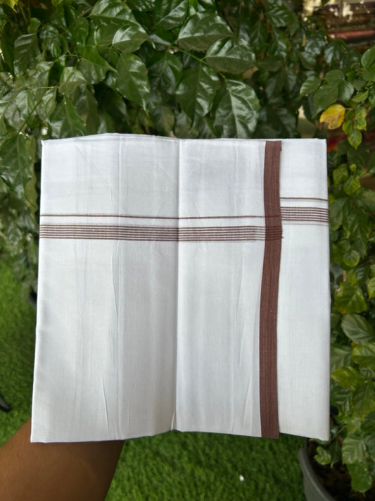 20% Discount ! Kaitharikada Balaramapuram 100% Cotton Pure White Double Mundu/Dothi - 100x80 - 0.5 inch Dark Brown Striped Kara 3.90 mtr (8 muzham) - 62 KK5285 VAS