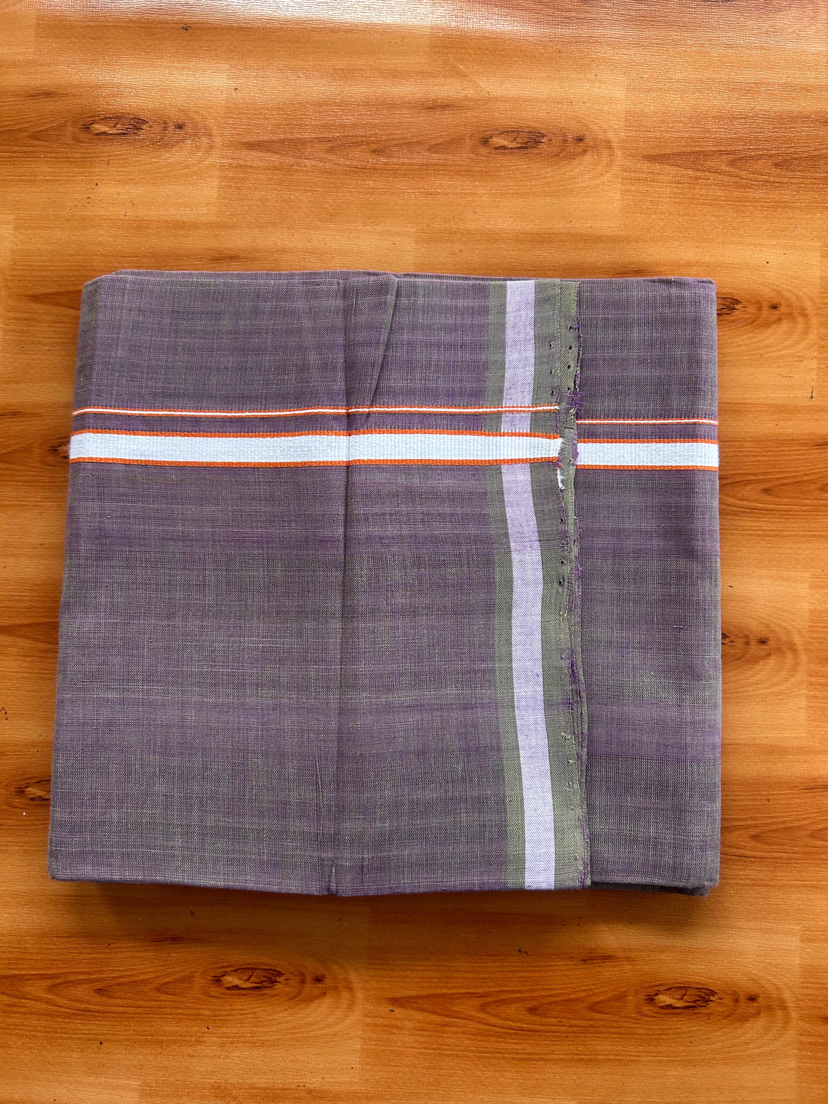 Kerala Handloom Single Kaily/Lungi - KaithariKada 100% Pure Cotton - 40s - 0.5 cm White & Orange Kara With Violet & Olive Green Shaded colour Body - (2 meter / 4 muzham) - 8 KK5539 ELA