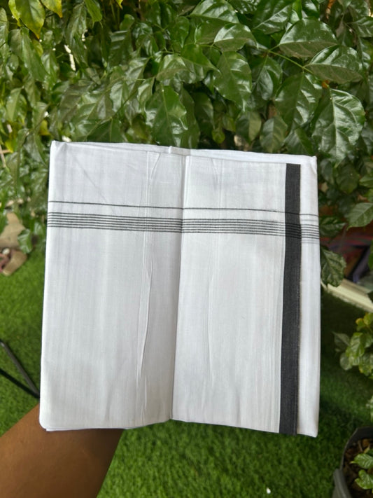 20% Discount ! Kaitharikada Balaramapuram 100% Cotton Pure White Double Mundu/Dothi - 100x80 - 0.5 inch Black Striped Kara 3.90 mtr (8 muzham) - 67 KK5285 VAS