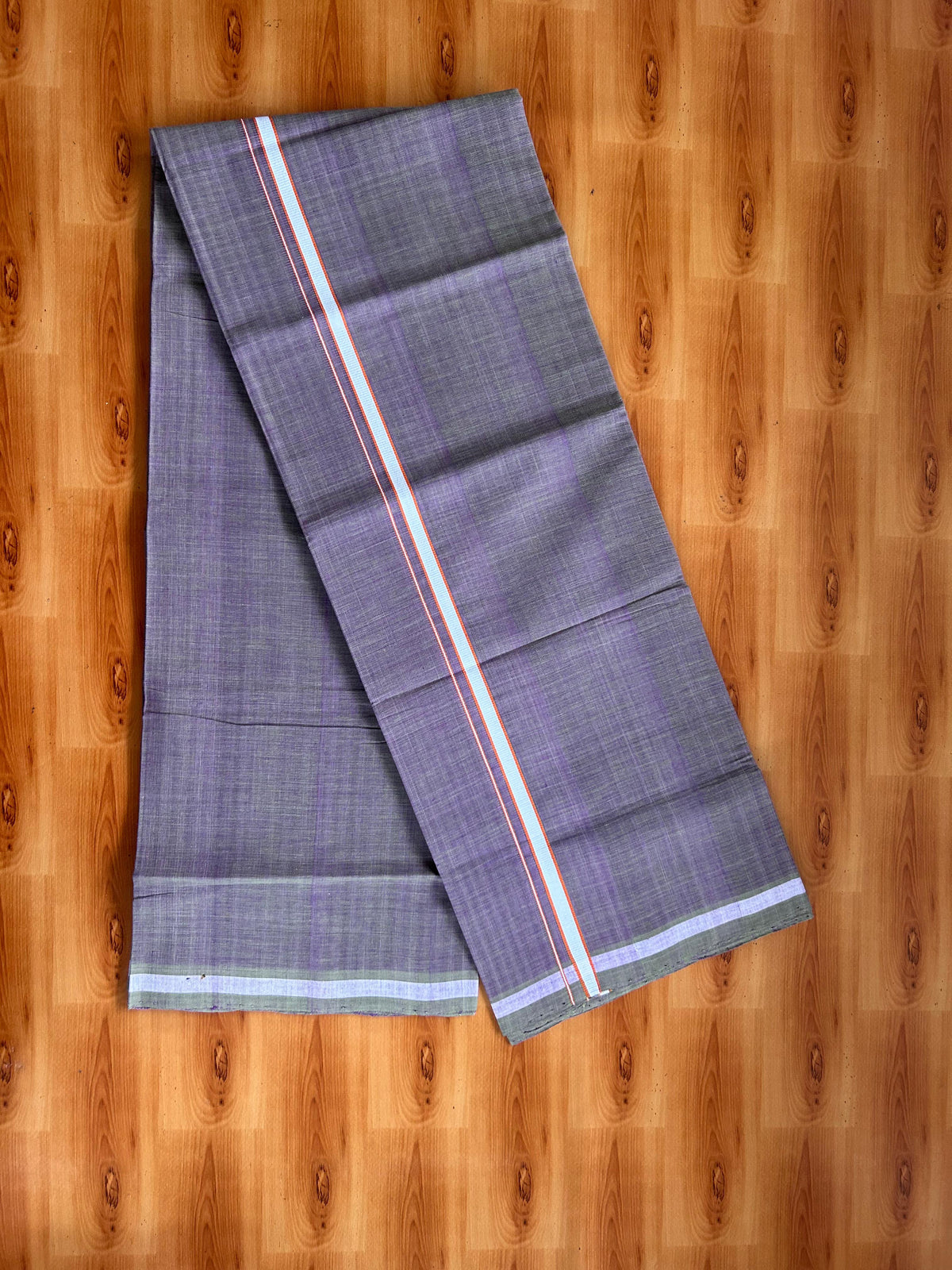 Kerala Handloom Single Kaily/Lungi - KaithariKada 100% Pure Cotton - 40s - 0.5 cm White & Orange Kara With Violet & Olive Green Shaded colour Body - (2 meter / 4 muzham) - 8 KK5539 ELA