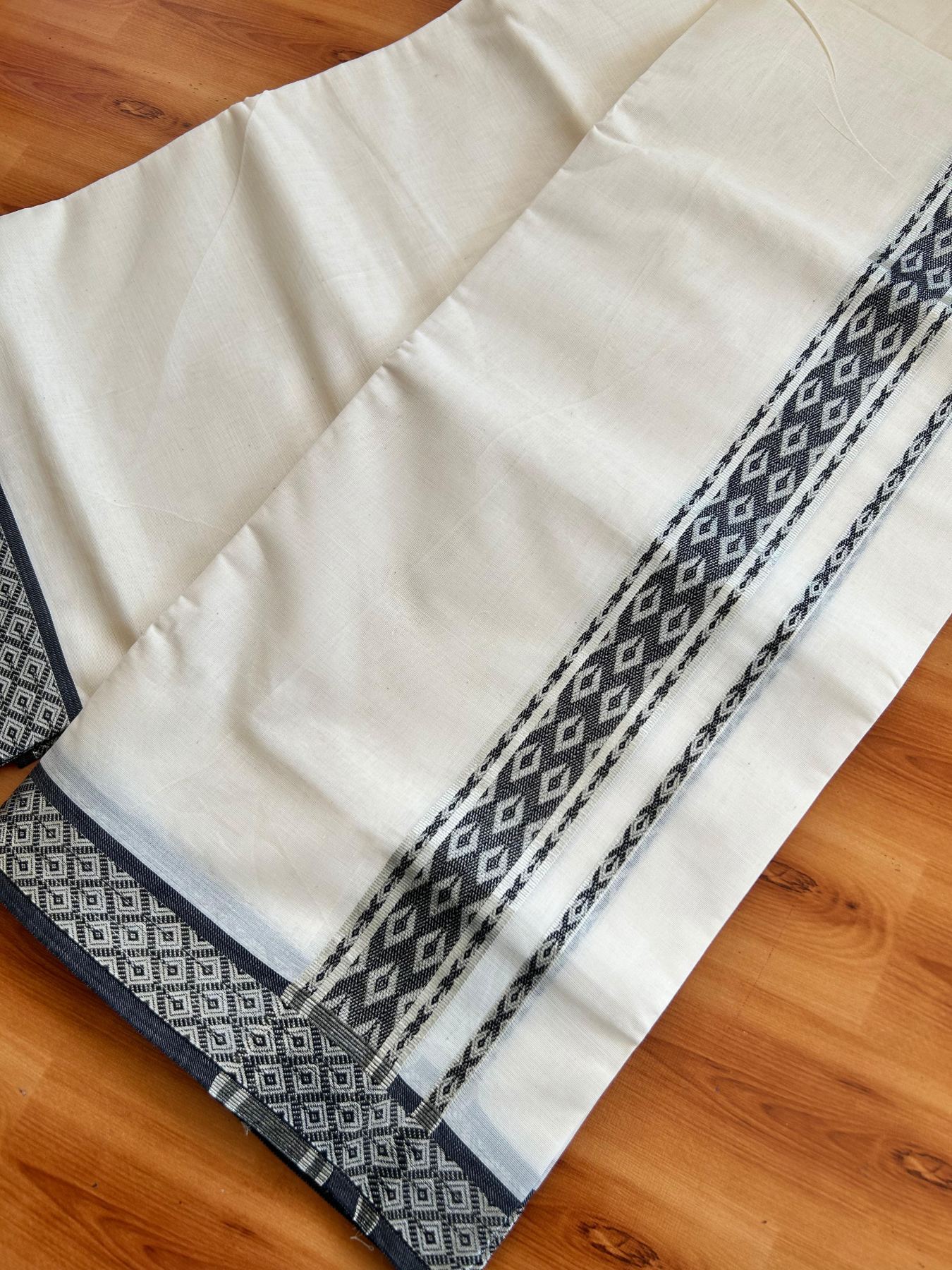 Off White (Unbleached) Double Mundu/Dhoti - 20% Discount ! KaithariKada 100% Pure Cotton - 100x80 - 1.75 inch Silver Kasav & Black Jacquard Design kara 4 mtr (8.5 Muzham) - 15 KK5494 PMC