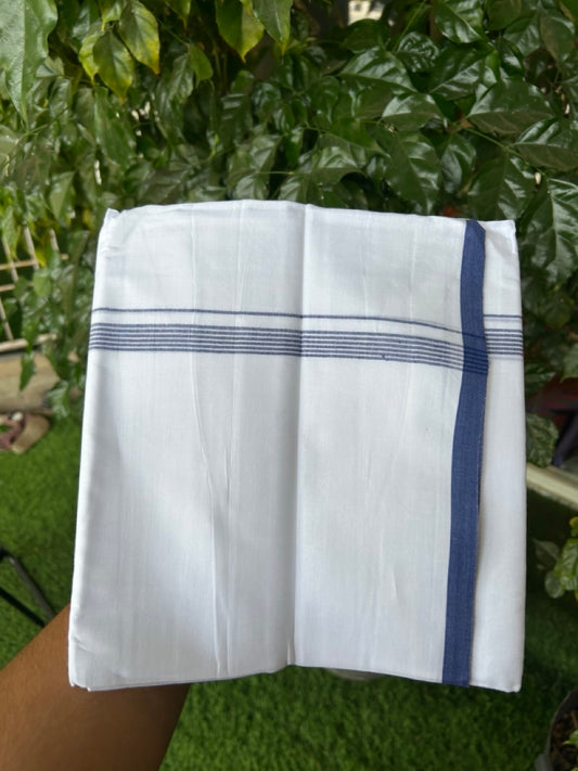 20% Discount ! Kaitharikada Balaramapuram 100% Cotton Pure White Double Mundu/Dothi - 100x80 - 0.5 inch Navy Blue Striped Kara 3.90 mtr (8 muzham) - 65 KK5285 VAS