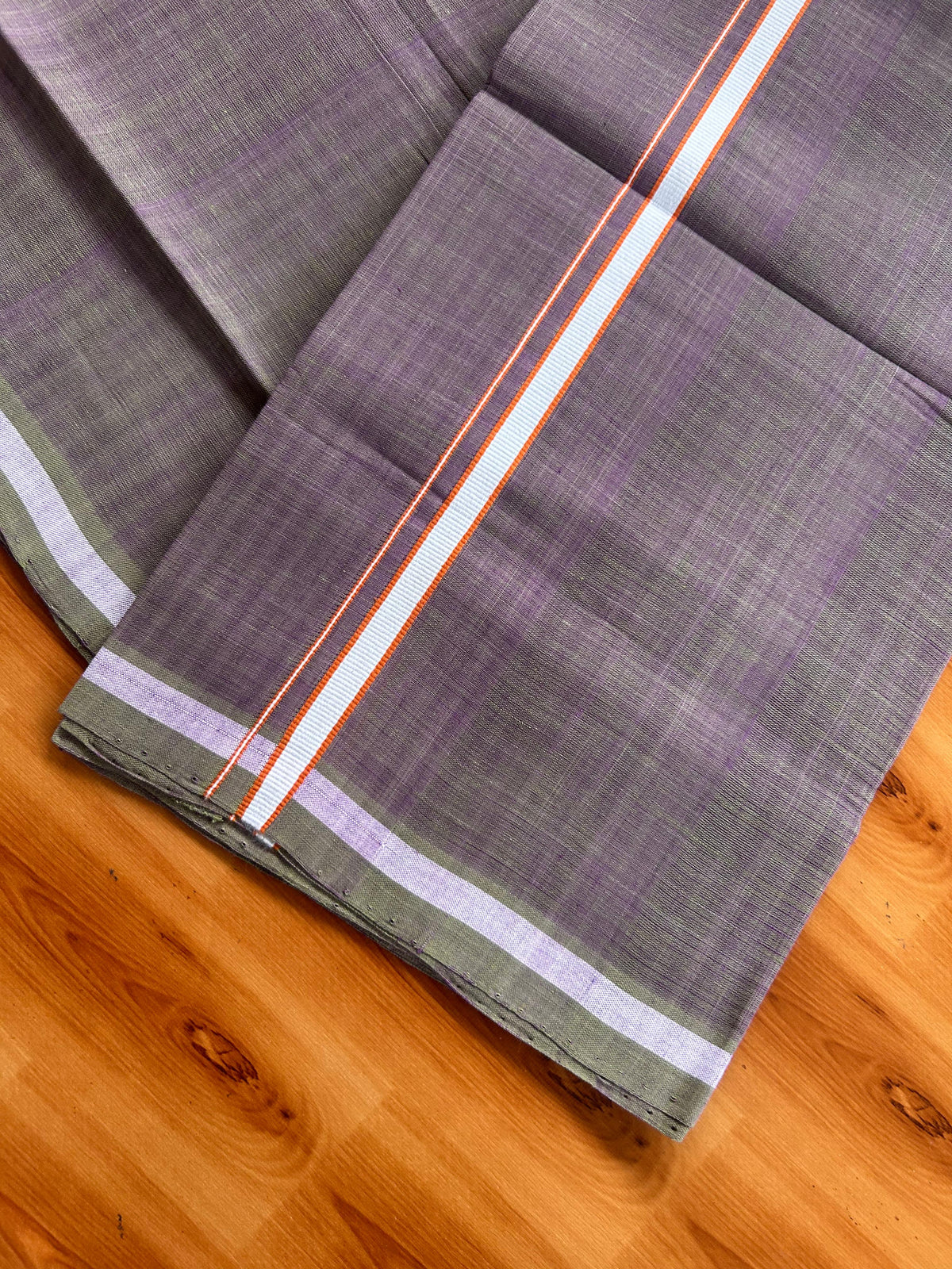 Kerala Handloom Single Kaily/Lungi - KaithariKada 100% Pure Cotton - 40s - 0.5 cm White & Orange Kara With Violet & Olive Green Shaded colour Body - (2 meter / 4 muzham) - 8 KK5539 ELA