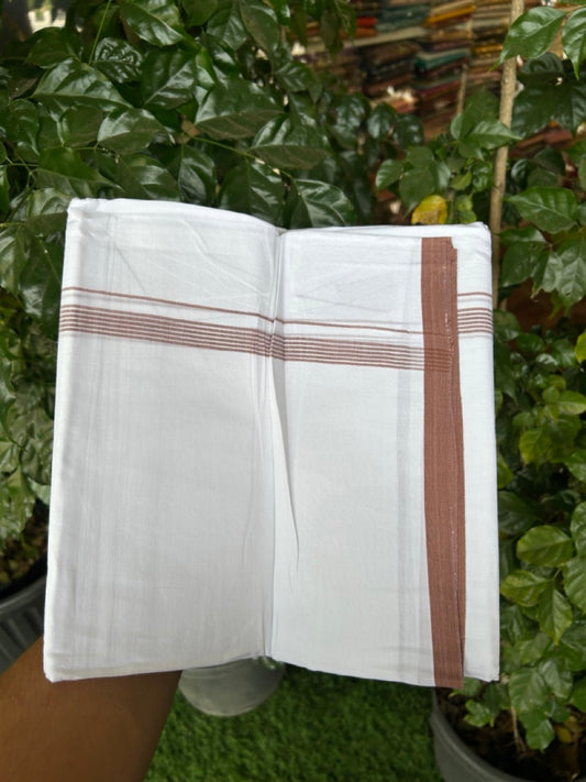 20% Discount ! Kaitharikada Balaramapuram 100% Cotton Pure White Double Mundu/Dothi - 100x80 - 0.5 inch Dark Brown Cream Striped Kara 3.90 mtr (8 muzham) - 68 KK5285 VAS