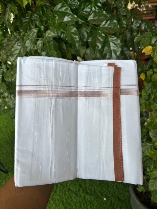 20% Discount ! Kaitharikada Balaramapuram 100% Cotton Pure White Double Mundu/Dothi - 100x80 - 0.5 inch Brick Brown Striped Kara 3.90 mtr (8 muzham) - 69 KK5285 VAS