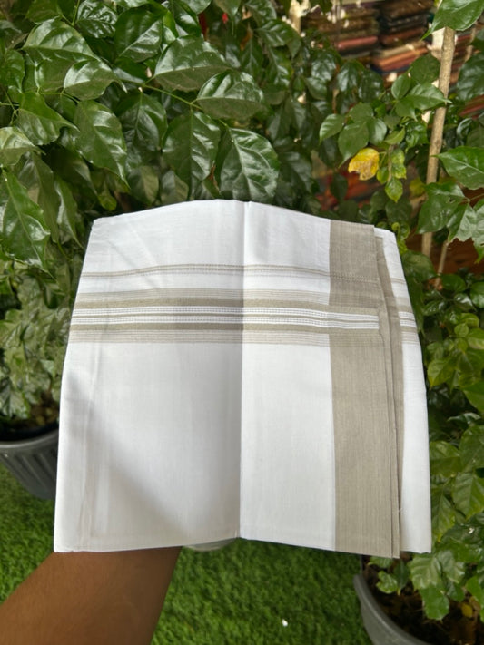 20% Discount ! Kaitharikada Balaramapuram 100% Cotton Pure White Double Mundu/Dothi - 100x80 - 1.5 inch Cream Shaded Striped Kara 3.90 mtr (8 muzham) - 49 KK5285 VAS