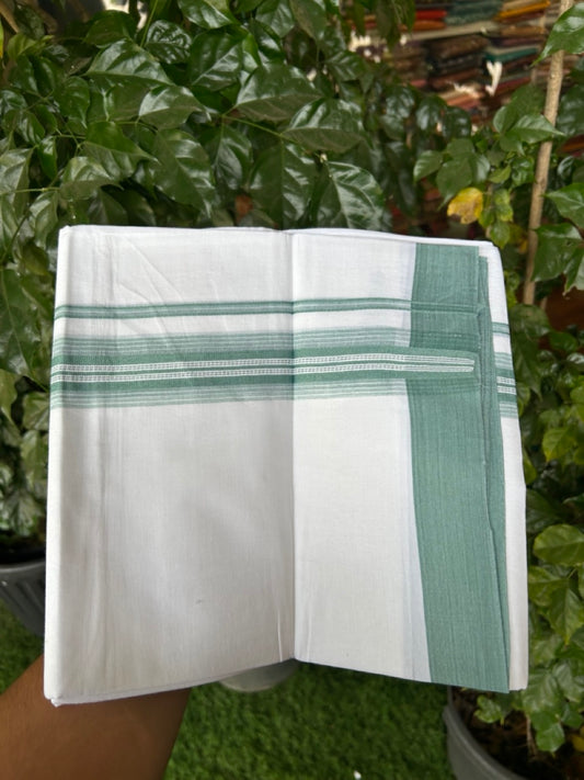 20% Discount ! Kaitharikada Balaramapuram 100% Cotton Pure White Double Mundu/Dothi - 100x80 - 1.5 inch Teal Green Shaded Striped Kara 3.90 mtr (8 muzham) - 48 KK5285 VAS