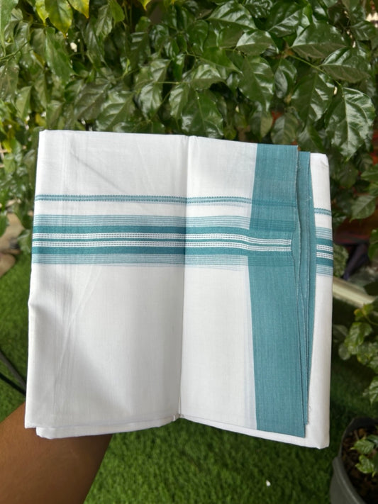 20% Discount ! Kaitharikada Balaramapuram 100% Cotton Pure White Double Mundu/Dothi - 100x80 - 1.5 inch Blue Shaded Striped Kara 3.90 mtr (8 muzham) - 47 KK5285 VAS