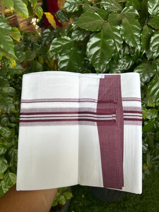 20% Discount ! Kaitharikada Balaramapuram 100% Cotton Pure White Double Mundu/Dothi - 100x80 - 1.5 inch Wine Shaded Striped Kara 3.90 mtr (8 muzham) - 46 KK5285 VAS
