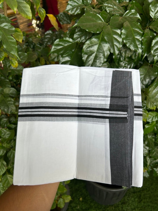 20% Discount ! Kaitharikada Balaramapuram 100% Cotton Pure White Double Mundu/Dothi - 100x80 - 1.5 inch Black Shaded Striped Kara 3.90 mtr (8 muzham) - 45 KK5285 VAS
