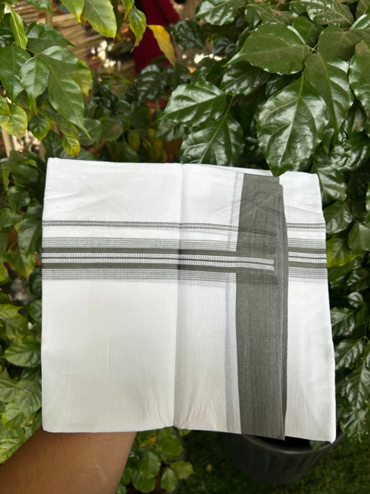 20% Discount ! Kaitharikada Balaramapuram 100% Cotton Pure White Double Mundu/Dothi - 100x80 - 1.5 inch Sage Grey Shaded Striped Kara 3.90 mtr (8 muzham) - 44 KK5285 VAS