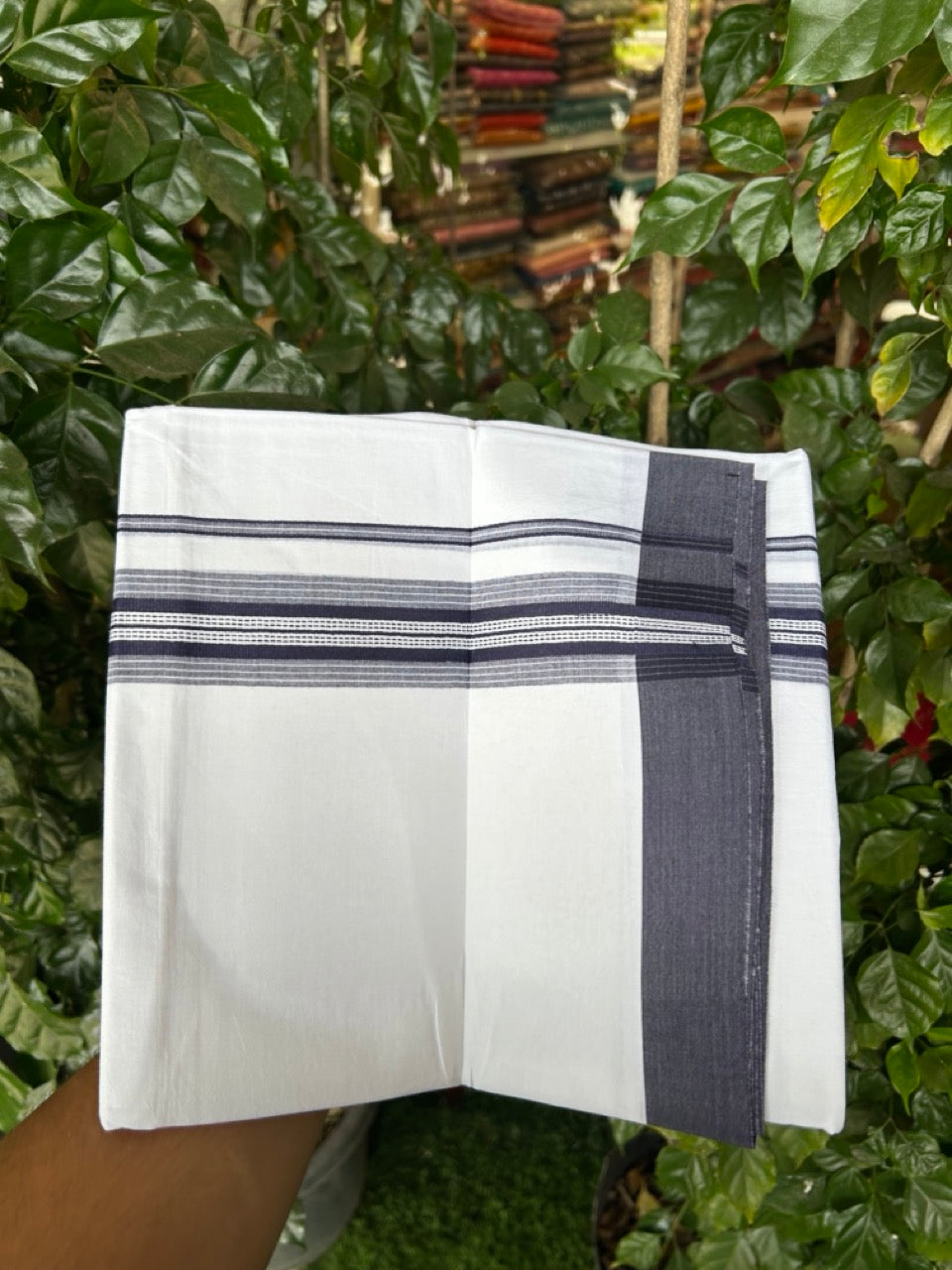 20% Discount ! Kaitharikada Balaramapuram 100% Cotton Pure White Double Mundu/Dothi - 100x80 - 1.5 inch Navy Blue Shaded Striped Kara 3.90 mtr (8 muzham) - 43 KK5285 VAS
