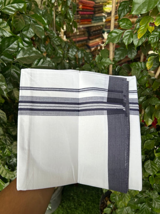 20% Discount ! Kaitharikada Balaramapuram 100% Cotton Pure White Double Mundu/Dothi - 100x80 - 1.5 inch Navy Blue Shaded Striped Kara 3.90 mtr (8 muzham) - 43 KK5285 VAS
