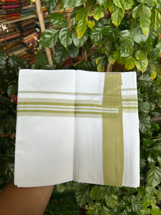 Kaitharikada Balaramapuram 100% Cotton Pure White Double Mundu/Dothi - 100x80 - 1.5 inch Light Parrot Green Shaded Striped Kara 3.90 mtr (8 muzham) - 42 KK5285 VAS