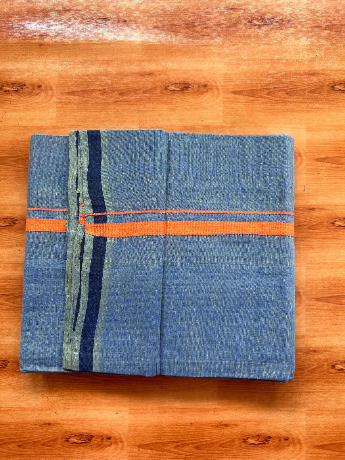 Kerala Handloom Single Kaily/Lungi - KaithariKada 100% Pure Cotton - 40s - 0.5 cm Orange Kara With Peacock Blue & Olive Green Shaded colour Body - (2 meter / 4 muzham) - 12 KK5539 ELA