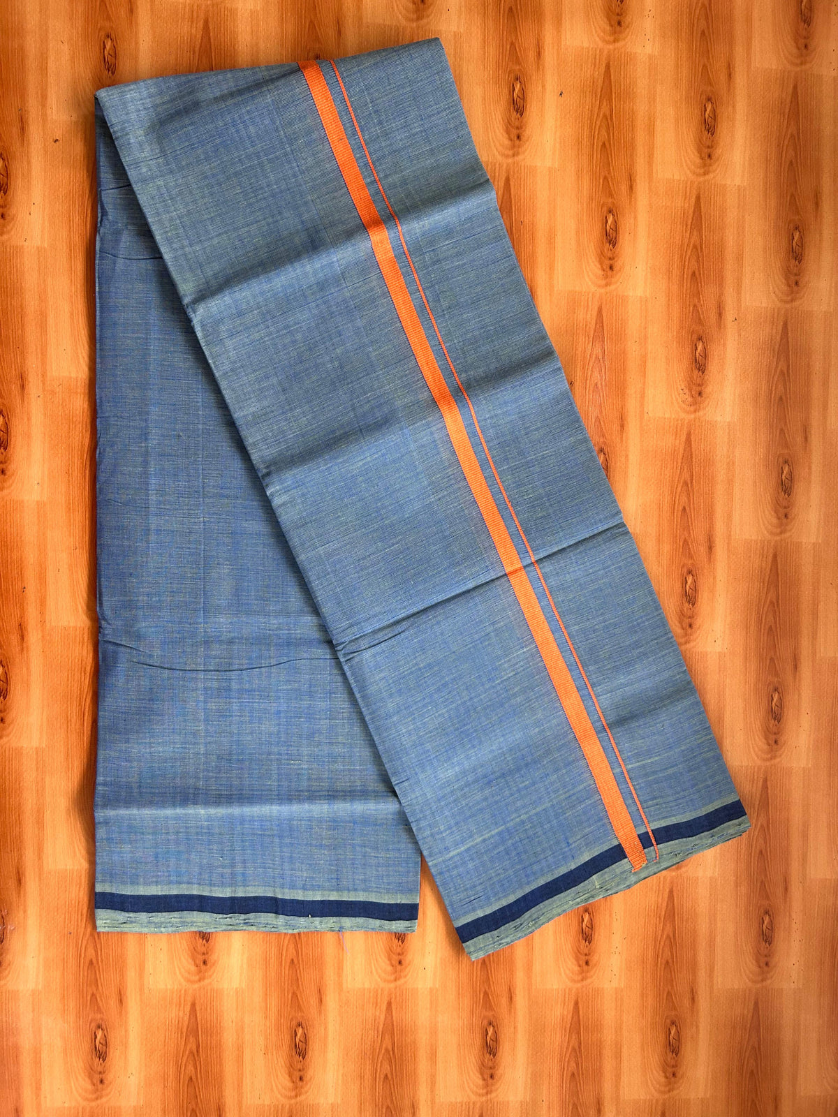 Kerala Handloom Single Kaily/Lungi - KaithariKada 100% Pure Cotton - 40s - 0.5 cm Orange Kara With Peacock Blue & Olive Green Shaded colour Body - (2 meter / 4 muzham) - 12 KK5539 ELA