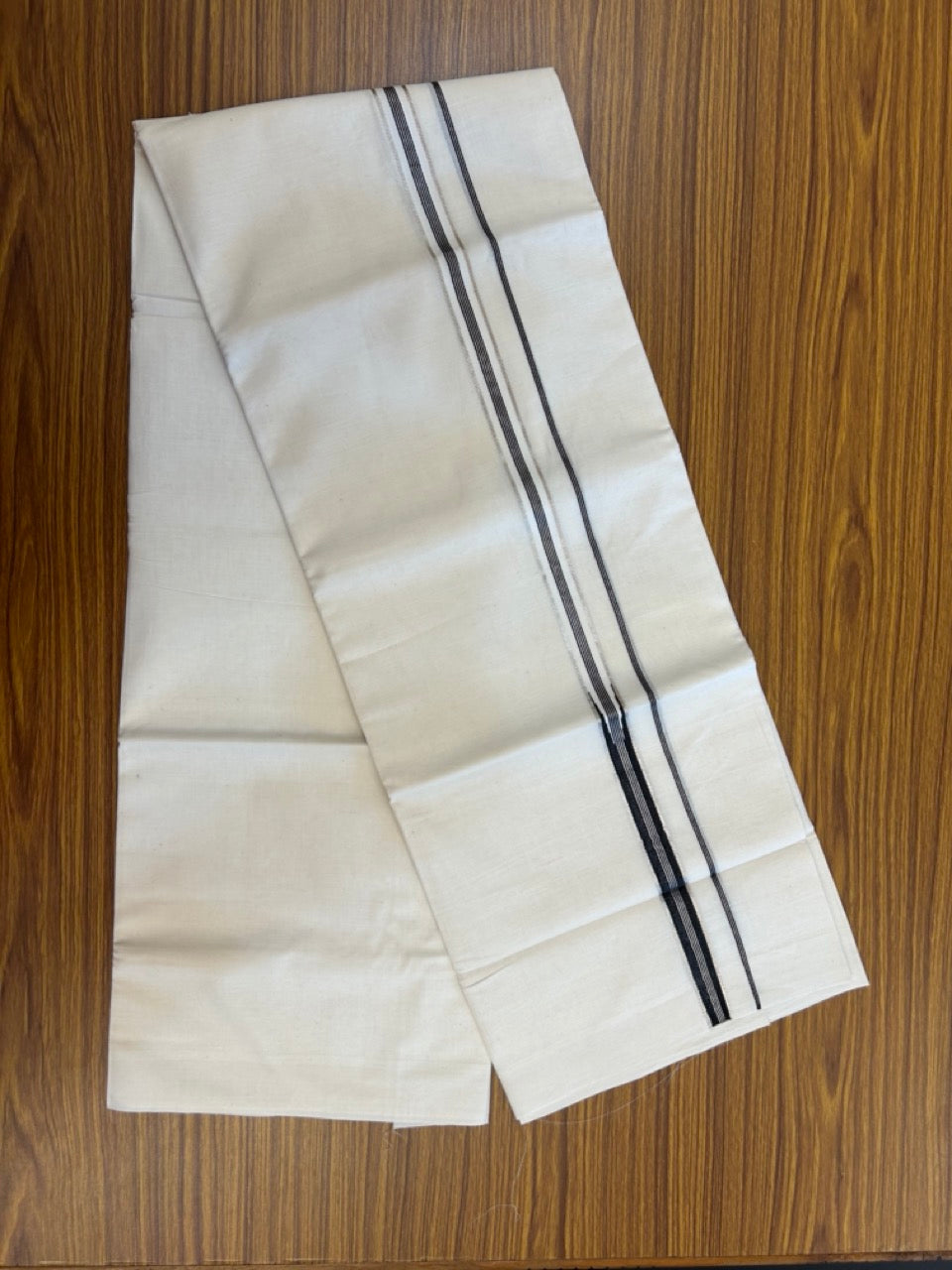 20% Discount! KaithariKada Balaramapuram 100% Cotton Off white Double Mundu/Dhoti - 100x80 - 0.75 inch Black Striped One Side Chutty Silver Kasav Kara - 4mtr (8.5muzham) - 1 KK5285 VAS