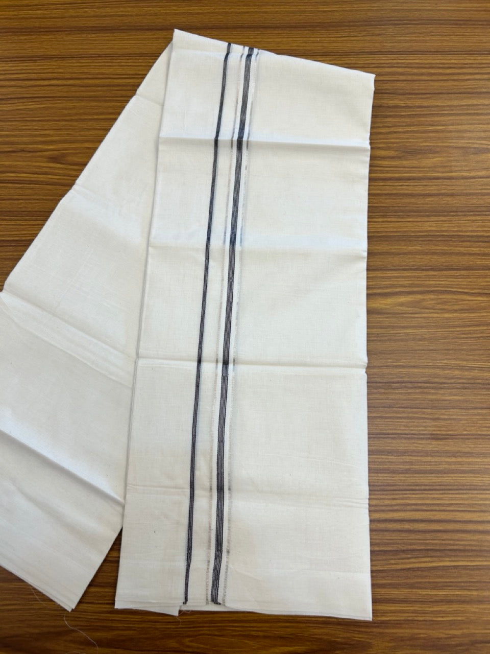 20% Discount! KaithariKada Balaramapuram 100% Cotton Off white Double Mundu/Dhoti - 100x80 - 0.75 inch Black Striped One Side Chutty Silver Kasav Kara - 4mtr (8.5muzham) - 1 KK5285 VAS