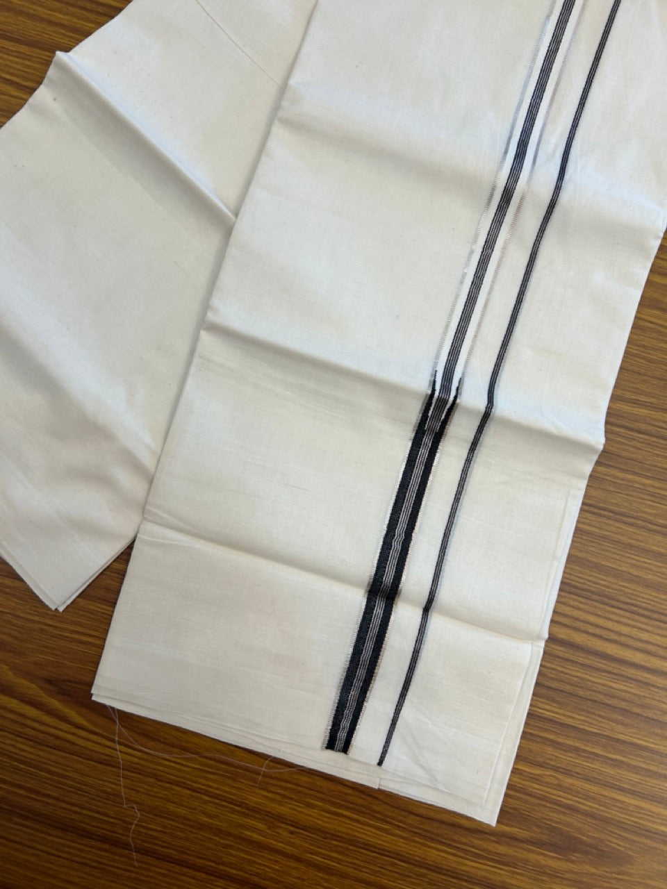 20% Discount! KaithariKada Balaramapuram 100% Cotton Off white Double Mundu/Dhoti - 100x80 - 0.75 inch Black Striped One Side Chutty Silver Kasav Kara - 4mtr (8.5muzham) - 1 KK5285 VAS